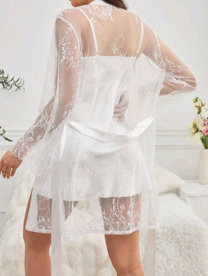 White Lace Robe with Satin Slip Dress set