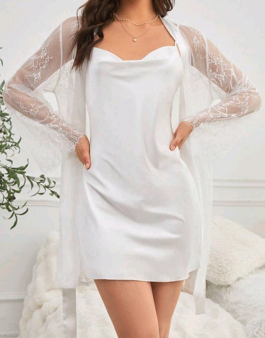 White Lace Robe with Satin Slip Dress set